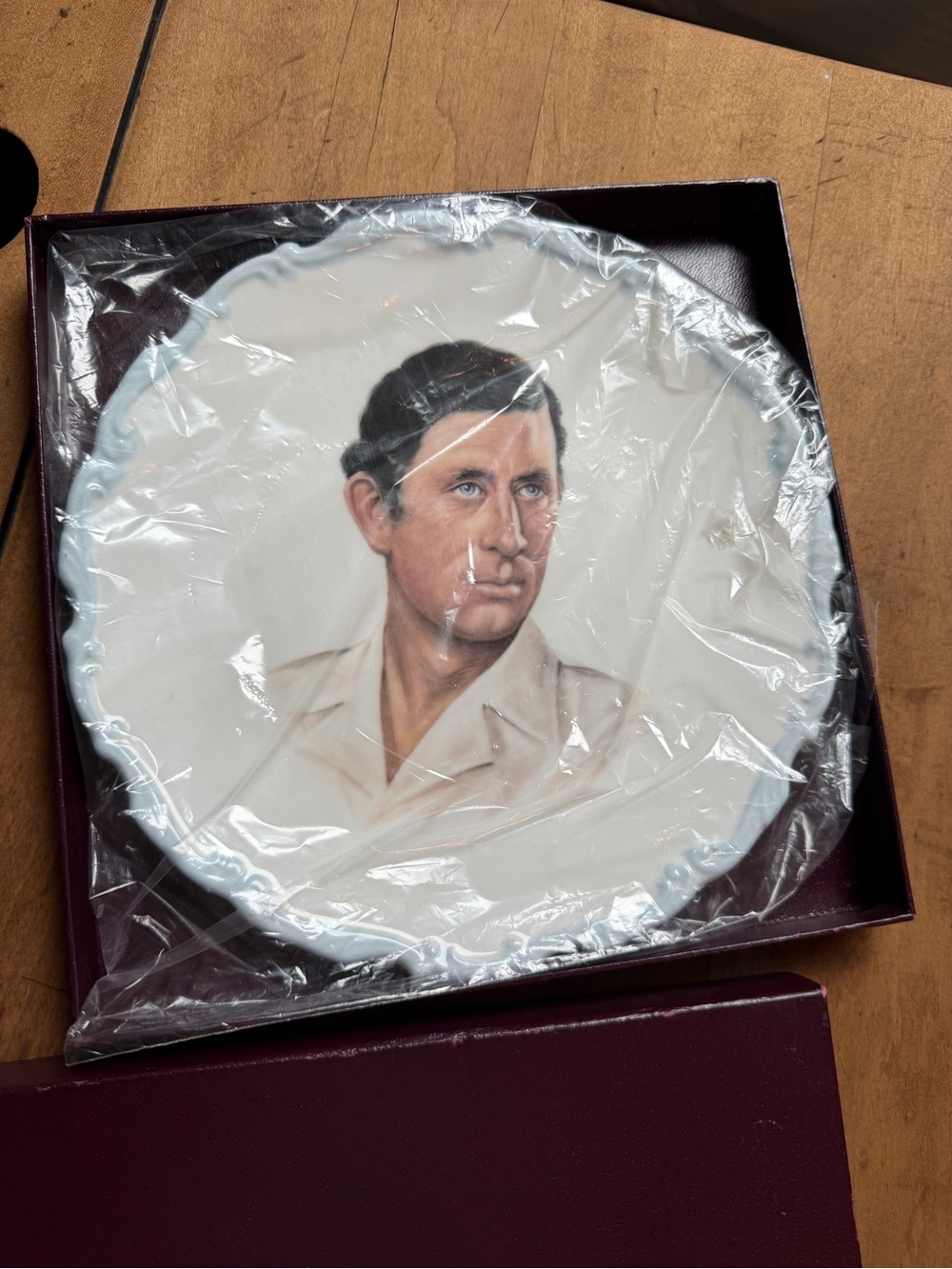 Royal Albert White Decorative Plate with Pale Blue Rim and Portrait.
